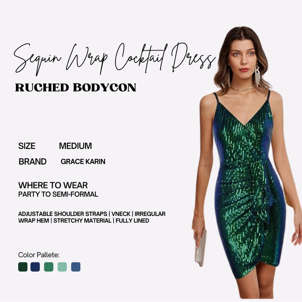 Sequin Wrap Cocktail Dress-Ruched Bodycon - Size Medium